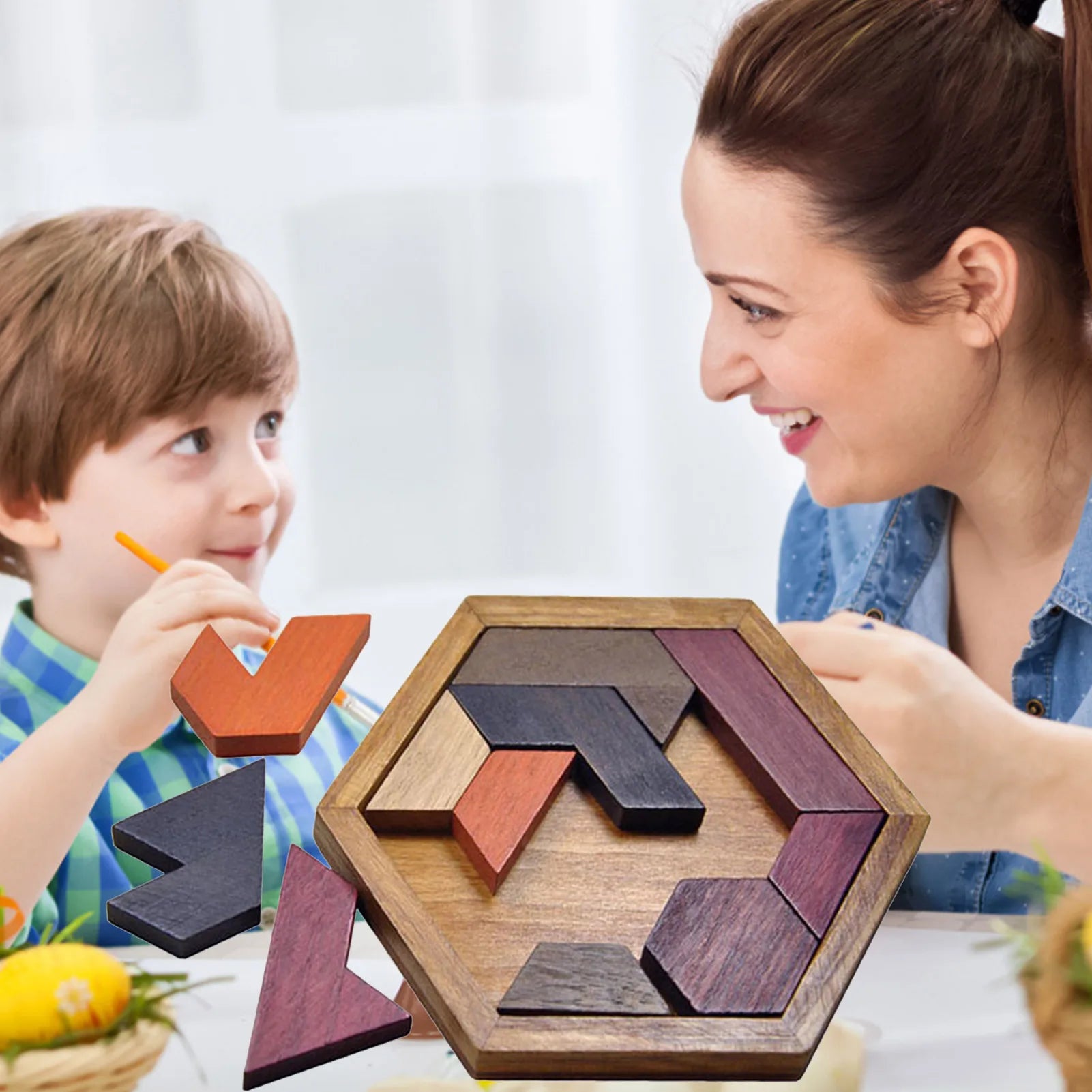 Hexagonal Wooden Geometric Shape Jigsaw Puzzles Chess Game Board Montessori Toys Brain Teaser Educational Intelligence Toys