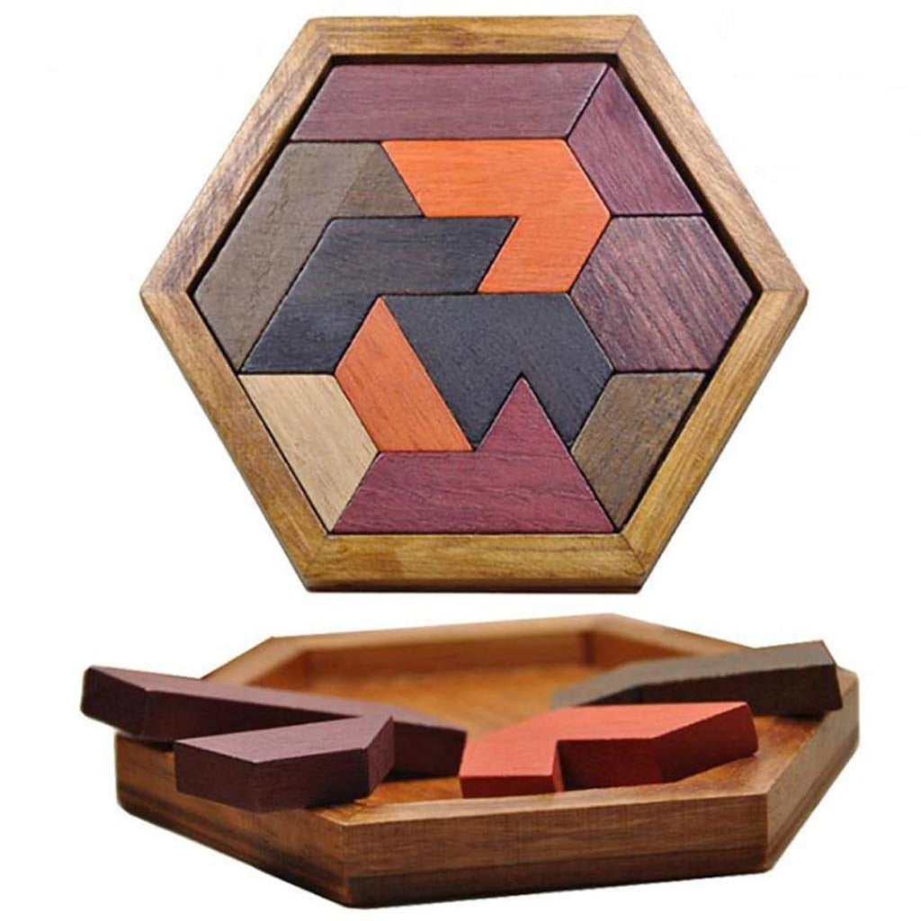 Hexagonal Wooden Geometric Shape Jigsaw Puzzles Chess Game Board Montessori Toys Brain Teaser Educational Intelligence Toys