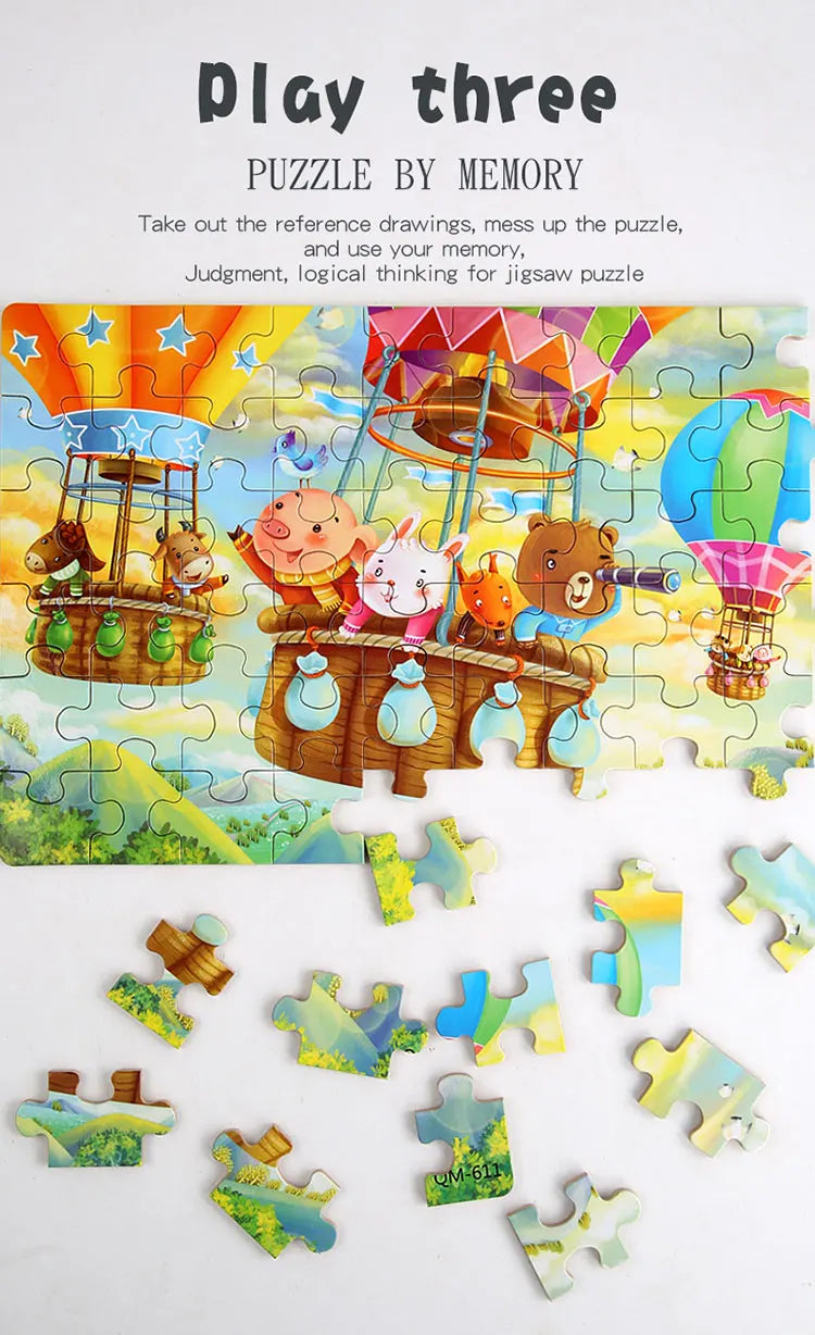 60pcs Jigsaw Cartoon Puzzle With Metal Box, Children's Early Education Animal Vehicle Puzzle, Parent-Child Interaction Game