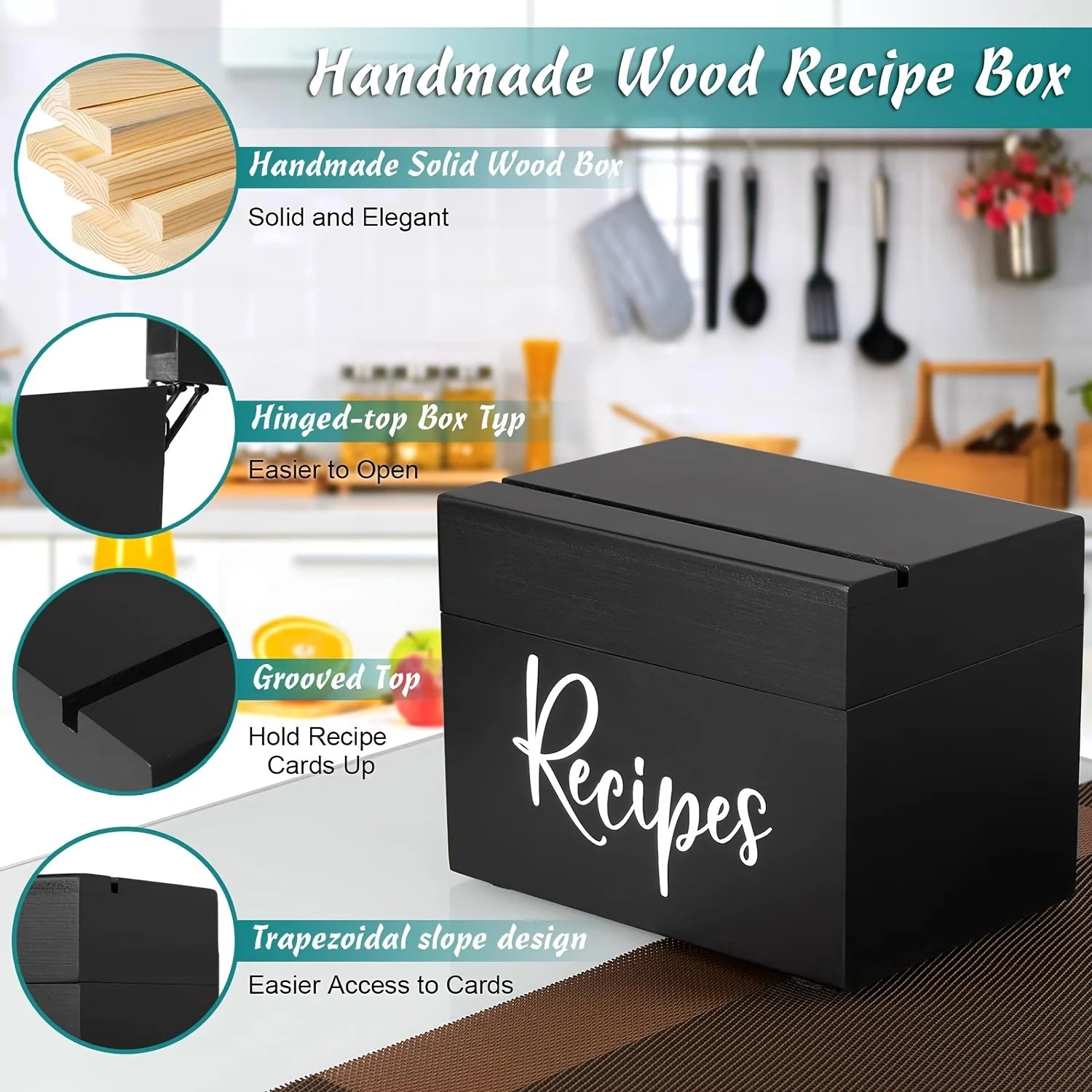 Wood Recipe Box including 50 Cards, 6 Dividers, 1 Conversion Card