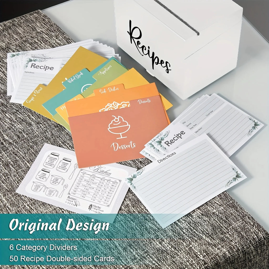 Wood Recipe Box including 50 Cards, 6 Dividers, 1 Conversion Card