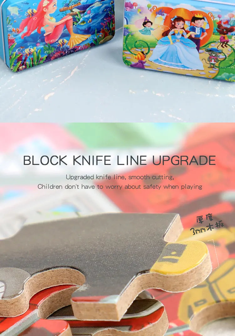 60pcs Jigsaw Cartoon Puzzle With Metal Box, Children's Early Education Animal Vehicle Puzzle, Parent-Child Interaction Game