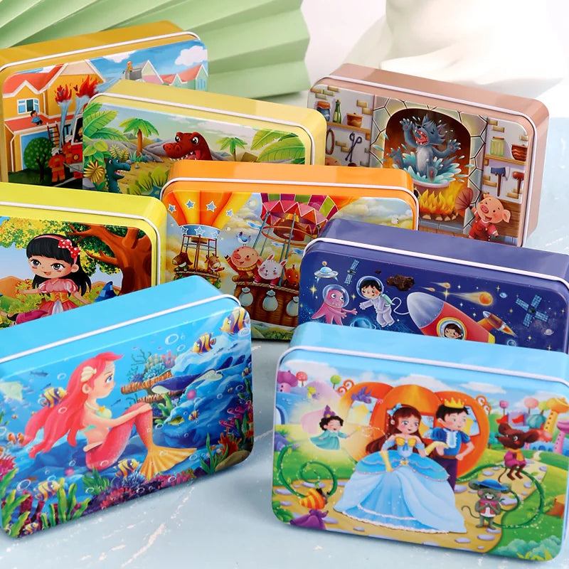 60pcs Jigsaw Cartoon Puzzle With Metal Box, Children's Early Education Animal Vehicle Puzzle, Parent-Child Interaction Game