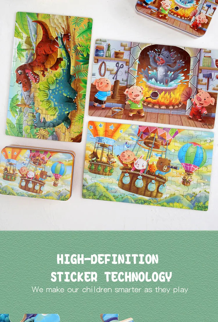 60pcs Jigsaw Cartoon Puzzle With Metal Box, Children's Early Education Animal Vehicle Puzzle, Parent-Child Interaction Game