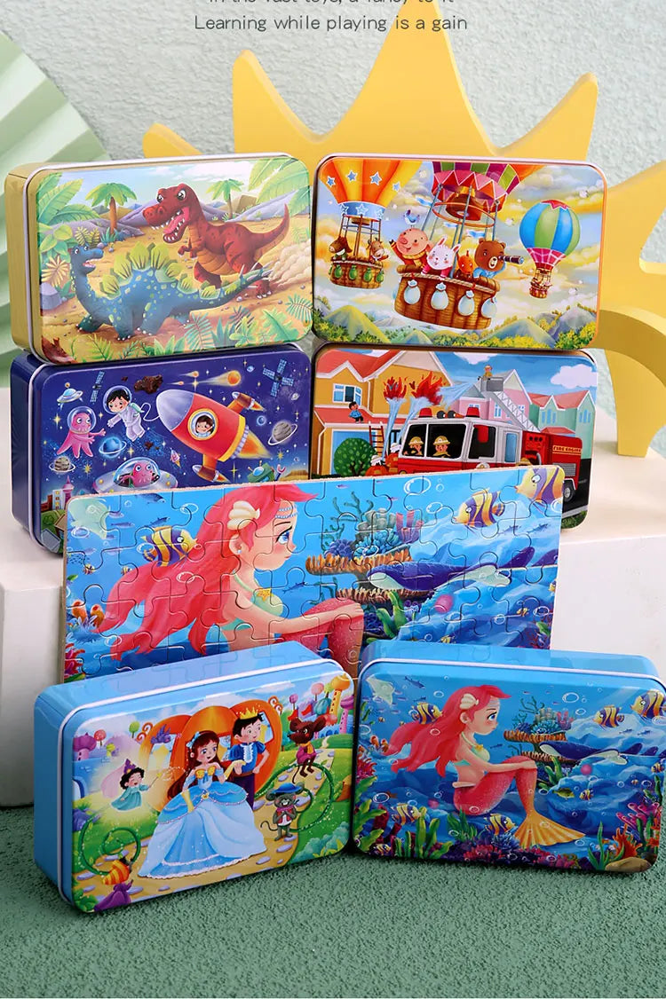 60pcs Jigsaw Cartoon Puzzle With Metal Box, Children's Early Education Animal Vehicle Puzzle, Parent-Child Interaction Game
