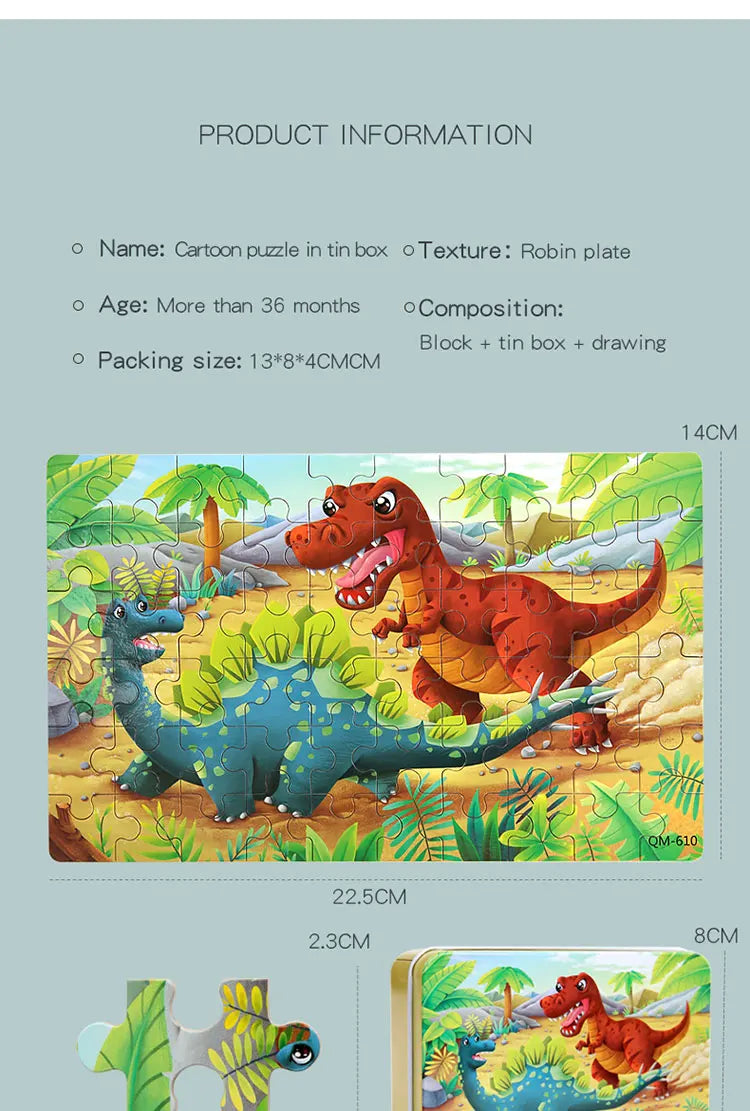 60pcs Jigsaw Cartoon Puzzle With Metal Box, Children's Early Education Animal Vehicle Puzzle, Parent-Child Interaction Game