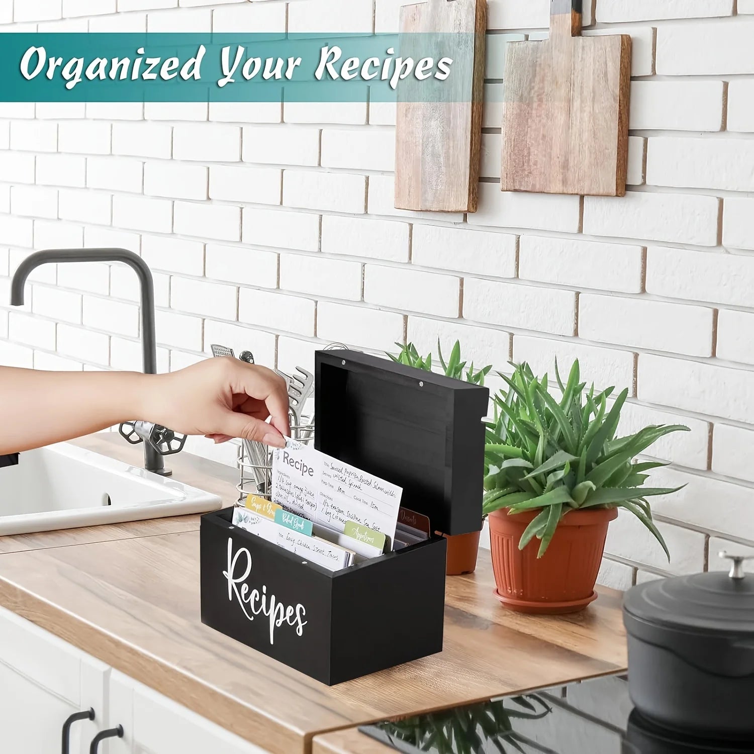 Wood Recipe Box including 50 Cards, 6 Dividers, 1 Conversion Card