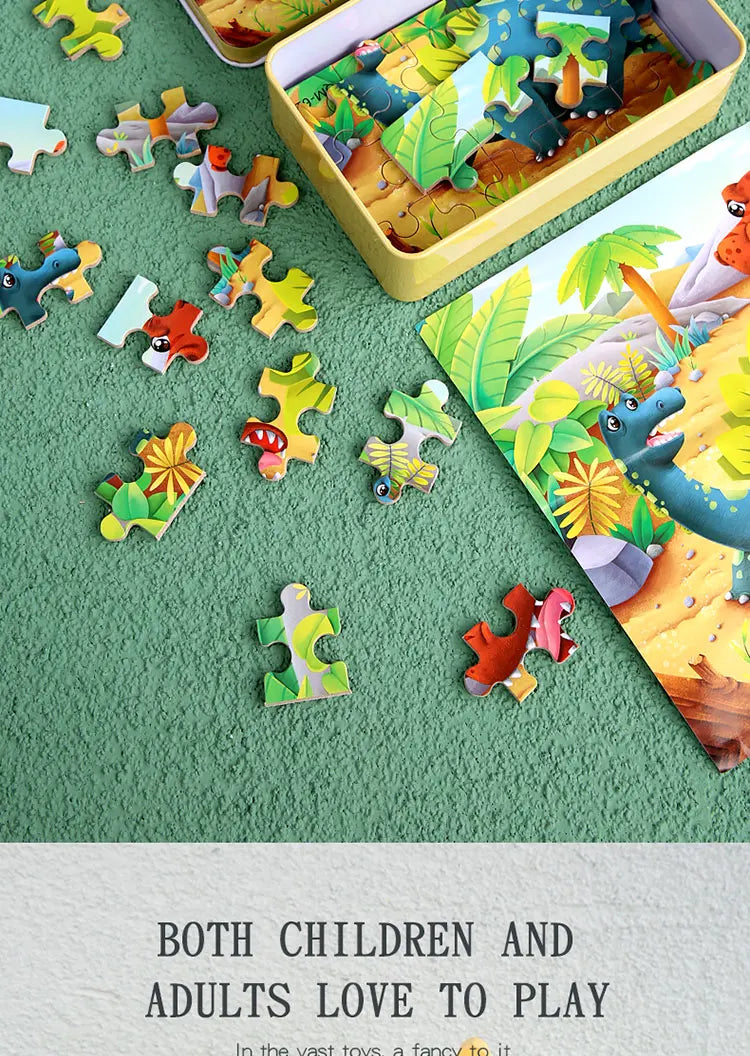 60pcs Jigsaw Cartoon Puzzle With Metal Box, Children's Early Education Animal Vehicle Puzzle, Parent-Child Interaction Game