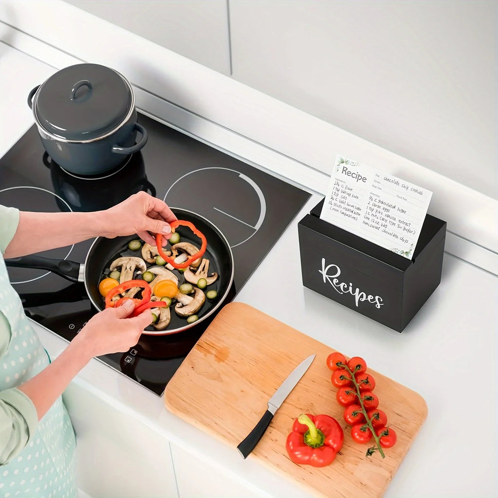 Wood Recipe Box including 50 Cards, 6 Dividers, 1 Conversion Card