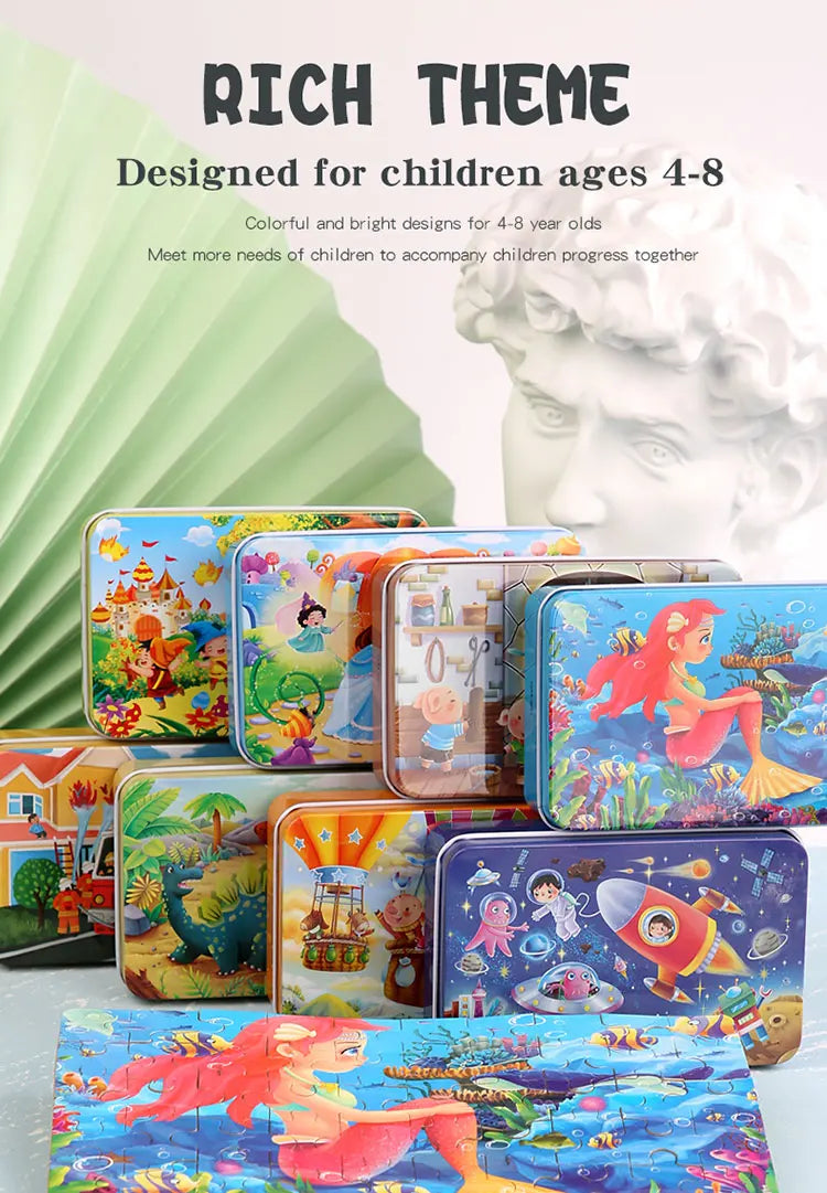 60pcs Jigsaw Cartoon Puzzle With Metal Box, Children's Early Education Animal Vehicle Puzzle, Parent-Child Interaction Game