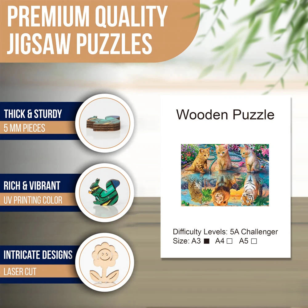 Cat Reflection Wooden Puzzle, Uniquely Irregular Animal Shaped Wooden Jigsaw Puzzles Wooden Toy
