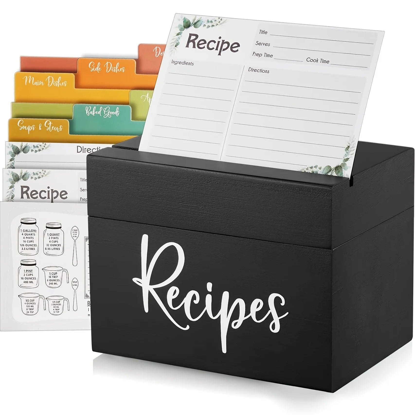 Wood Recipe Box including 50 Cards, 6 Dividers, 1 Conversion Card