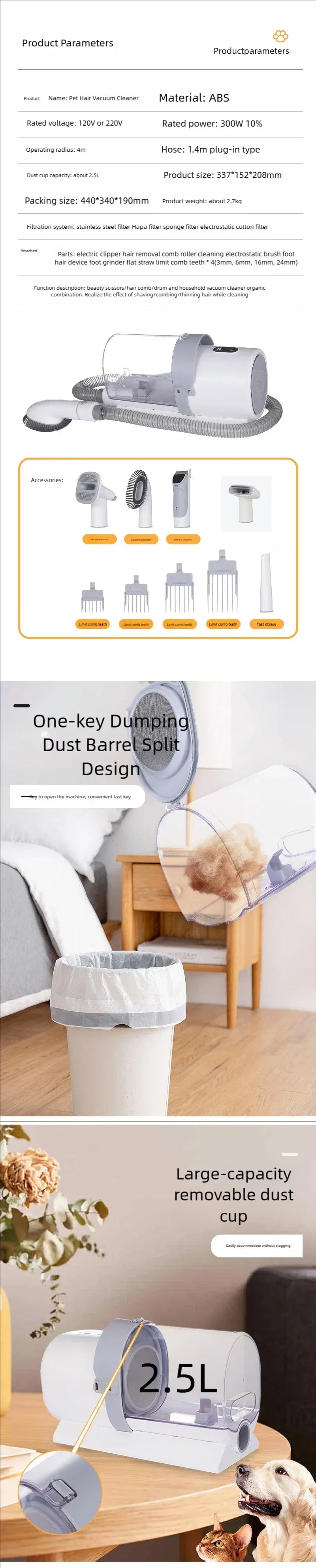 Dog Grooming Kit for Pet Include 4 Hair Clipper Combs 2.5L Vacuum Cleaner and 5 Pet Grooming Tools for Shedding