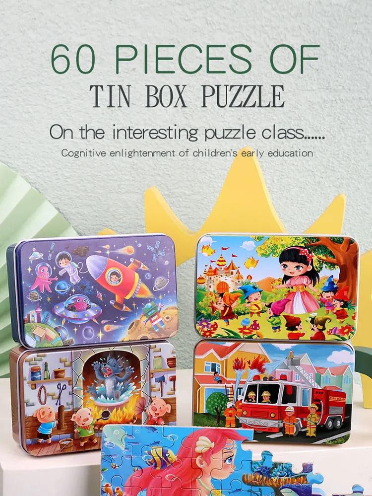 60pcs Jigsaw Cartoon Puzzle With Metal Box, Children's Early Education Animal Vehicle Puzzle, Parent-Child Interaction Game