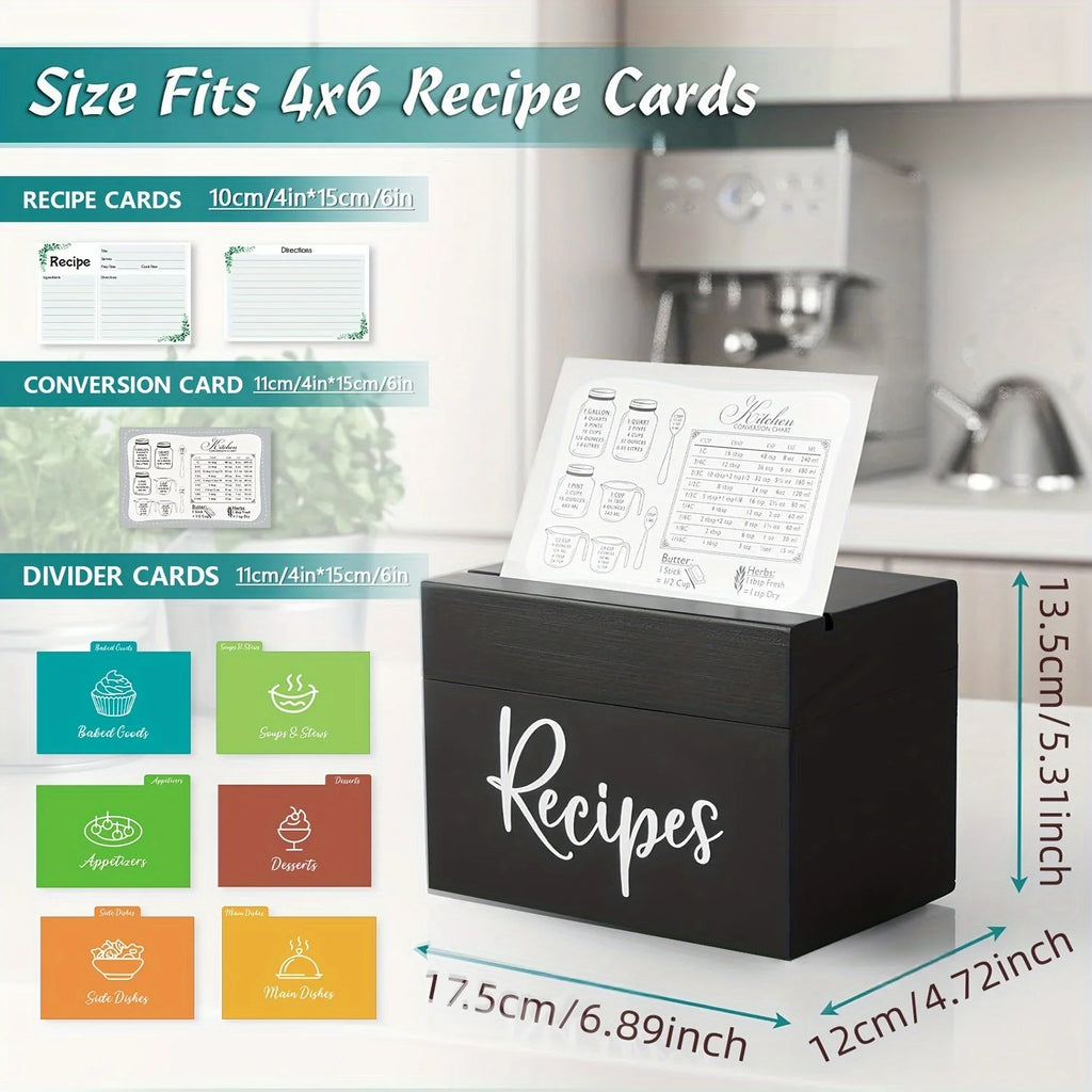 Wood Recipe Box including 50 Cards, 6 Dividers, 1 Conversion Card